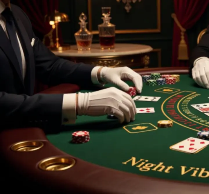 Rulett és blackjack asztalok fényekkel és zsetonokkal