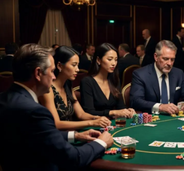Pókerasztal Texas Hold’em játékkal, játékosokkal és zsetonokkal.