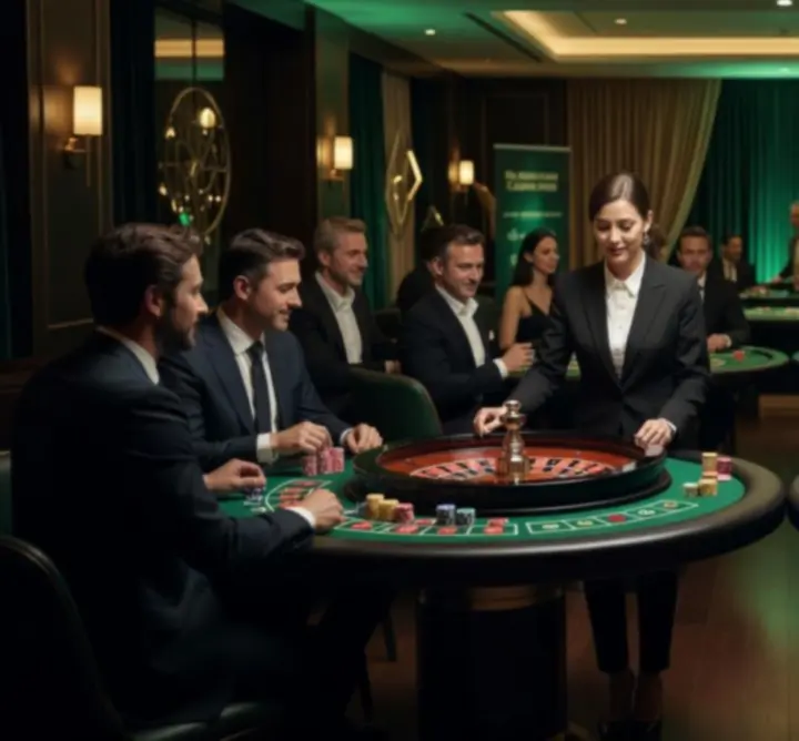 Rulett és blackjack asztalok hangulatos fényekkel és játékosokkal.